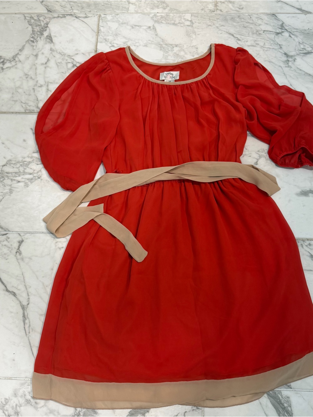 Sweet Storm Red Party Dress with Beige Sash